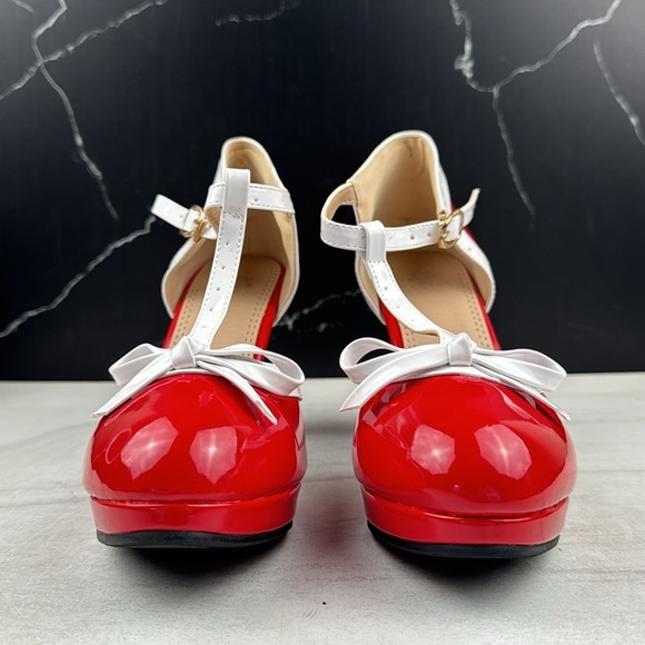 ForeMode Fashion T-Strap Bow Platform Round Toe High Heels Red/White sz 9 - Picture 2 of 11